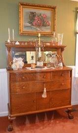 tiger oak carved clawfoot serpentine sideboard / buffet
