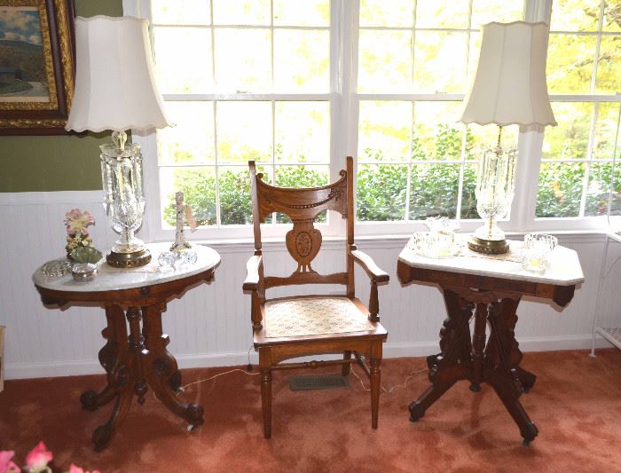 Eastlake parlor tables; carved oak chair; gorgeous crystal lamps