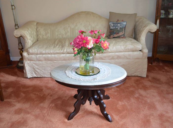victorian camel-back sofa with down cushion; Eastlake marble-top coffee table