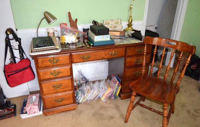 maple desk & chair; many lots of office supplies