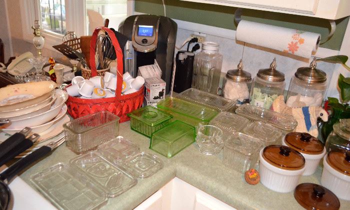 Keurig coffee maker; refrigerator jars, etc.