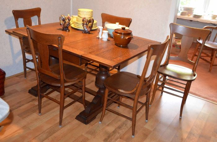 Antique oak draw leaf barrel-leg pub table & 6 chairs