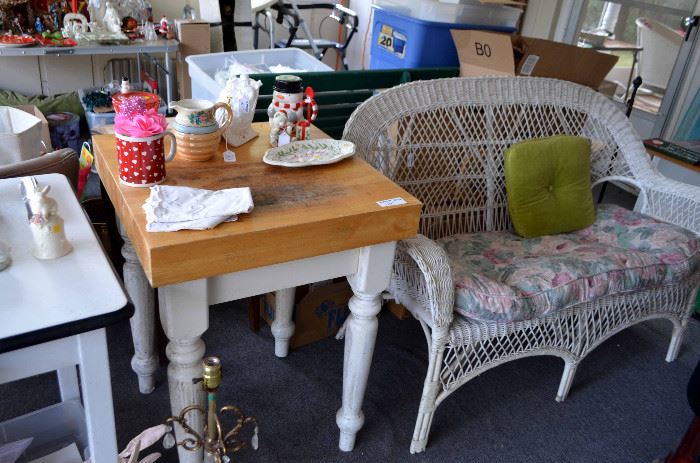 butcher block; wicker loveseat