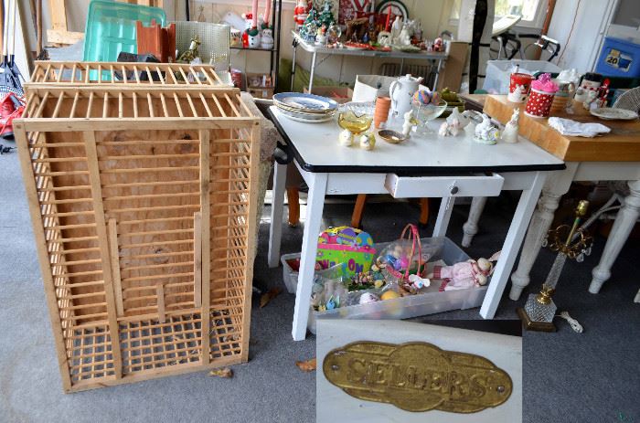 two wood chicken cages; Sellers enamel top kitchen table