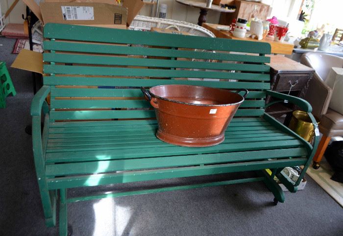 green painted glider; enamelware coal bucket