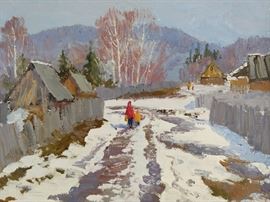 Winter scene, oil on linen, by Russian artist Ralif Ahmetshin.