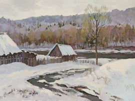 Winter scene, Snow with Barns, oil on linen, by Russian artist Ralif Ahmetshin.