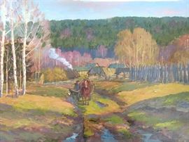 "Farmer, w/Horses, Village", oil on linen, by Russian artist Ralif Ahmetshin.