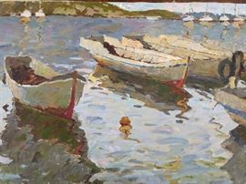 Dog Swimming w/Boats, oil on Canvas, by Ukrainian artist K. Lizogoob.