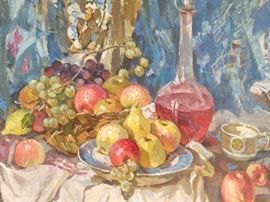 Soviet School Original Oil on Linen, Still Life, w/Fruit, Crystal Decanter, by Ukrainian Artist A. Taleev.