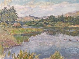 Original Oil on Linen, "Ducks on Pond" by Russian Artist Vladimir Panchenko.