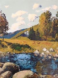 Original Oil on Canvas,Lake, w/Trees, Mountains, by Russian Artist, Safarov.