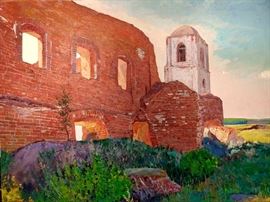Large Original Oil on Canvas, Ruins of 17th Century Russian Church, by Russian Artist, Dmitriy Proshkin.