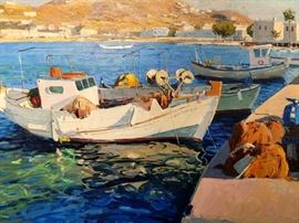 Large Original Oil on Canvas, Mykonos Boats, Pier, by Russian Artist, Dmitriy Proshkin.