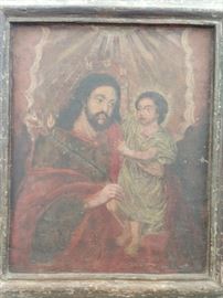 Antique Peruvian Icon, on Wood, Jesus and Joseph.