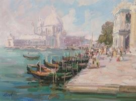 Original Oil on Canvas Venetian Canal Scene, w/Cathedral, by Ukrainian Artist, Albert.