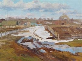 Original Oil on Canvas Winter Village, w/Field, Stream, by Ukrainian Artist, Ralif Ahmetshin.