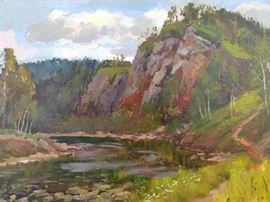 Original Oil on Canvas Ural Mountains, w/Bend in Stream, by Ukrainian Artist, Ralif Ahmetshin.