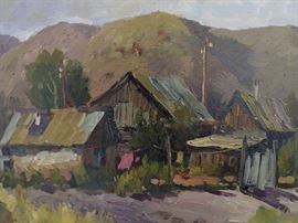 Original Oil on Canvas, Village Scene, w/Mountains, by Russian Artist, Ralif Ahmetshin.