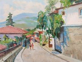 Original Oil on Canvas, Couple Walking in Street in Crimea, by Russian Artist, A. Rahmelov.