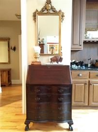 Vintage 1940's mahogany drop-front writing desk, with gold, beveled glass mirror above - check out that buffalo!