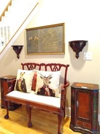 Handsome mahogany Chippendale style mahogany settee, with pair of FABBY Belgian tapestry pillows, pair of hand painted Asian chests, with vintage framed Cathedral rubbing.