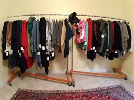 An entire rack of vintage fall/winter women's clothes. Labels include: Tyler Böe, Karen Kane, Fever, Arden B., Spanner, Epic Steven, Daiana Lima, Nordstrom Collection, Peck & Peck Cashmere, Lost Petal Linens, Grey Violet, Kokomo Unlimited, Comfy, Sun Kim, Moda Italia, Saga.