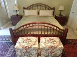 VERY nice King sized Bob Timberlake mahogany bed with Sleep Number mattress, pair of custom made ottomans and pair of three-drawer end tables/table lamps.
