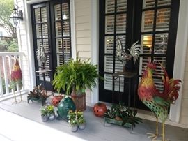 BOO! Scary Halloween front porch vignette, with rainbow cocks, galvanized steel cocks, punkins, rusted up ol' European milk can, galvanized steel stands and old green steel horizontal planters.