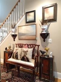 Handsome mahogany Chippendale style mahogany settee, with pair of FABBY Belgian tapestry pillows, pair of hand painted Asian chests, with collection of three original oils on canvas, by Lookout Mountain, TN artist, Scott Hill.