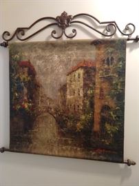 Interesting Venetian canal scene, original oil on metal, with hanging rods.