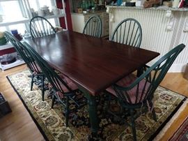 Wonderful vintage farm table, with set of six matching Windsor chairs.