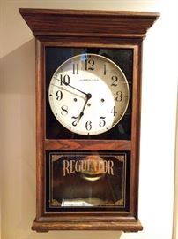 Tick Tock, it's time to attend another one of our fabby estate sales! Oh, wait, I'm just talking about this lovely Hamilton "Regulator" 8-day chiming wall clock. It's not the best looking clock you'll see, but the lilting chimes have been a delight as we've set up this house. It's OK, I can let it go at the sale.
Really, it's for sale!