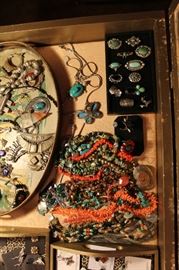 Sterling silver statement rings (mostly Native American,) brass and silver jewelry from Tibet with natural stones and bohemian necklaces with coral, tiger's eye, turquoise and more, all 50% off!