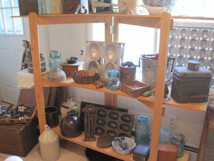 stoneware jugs, molds, coffee grinder & ice cream maker