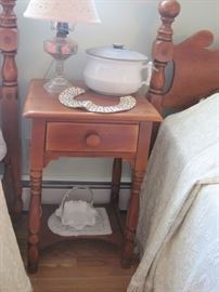 maple stand, chamber pot, lamp & Fenton basket