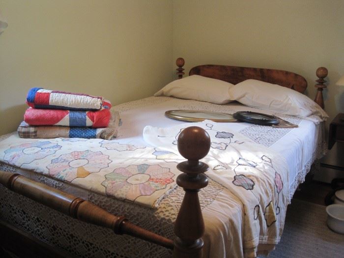 antique bed, quilts