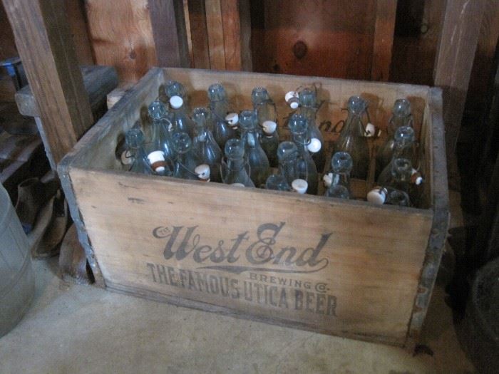 wooden Utica club crate & bottles