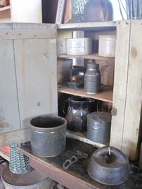 small cupboard, tin & crocks & horse weight