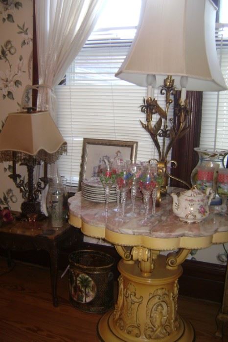 FRENCH PROVINCIAL FLOWER TABLE TOP WITH PINK AND WHITE MARBLE-----1960'S METAL FLOWER LAMPS
