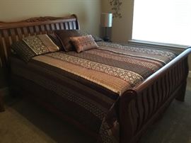 Queen size bed - headboard, footboard, mattress, box spring and bedding