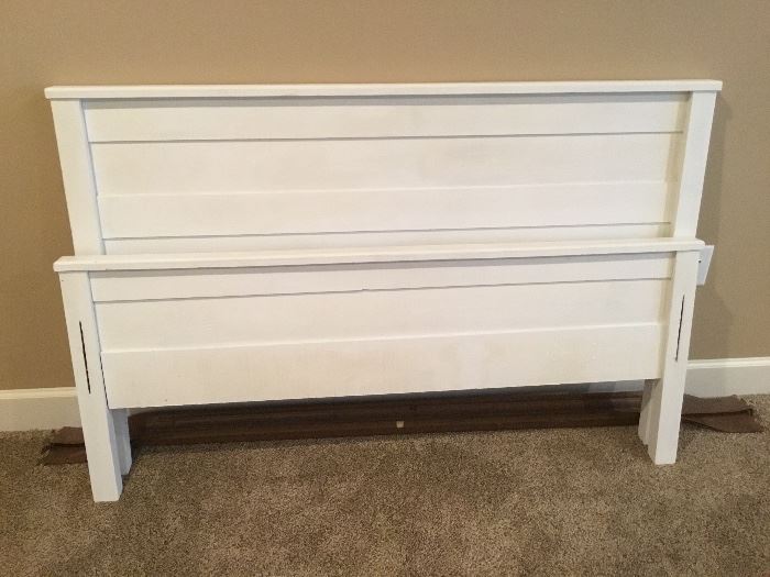 White wooden full size headboard, footboard and rails.