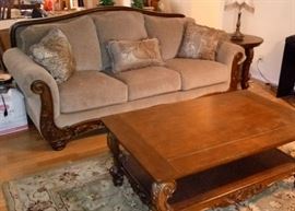 Cecilyn Mocha beautiful mahogany stained carved wood embellishments on seating pieces with matching heavier wood tables. Fabric is a taupe/brown no stains, no wear and wood is almost perfect condition no breaks, no dings and very few light surface scratches.
6 pieces Sofa, Love Seat, Coffee Table, 2- round End Tables and Sofa Table includes 5 accent pillows
$1100 cash or debit/credit (card and card owner must be present to swipe and sign.