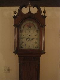 Grandfather Clock (probably Lancashire England).  William Whitaker Halifax Cast into the rear of the dial.  George Ainsworth of Warrington cast into the bell, (brass founder and pinion maker. (c1795-1815).