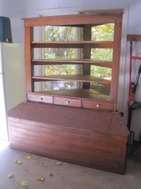 Large Primitive Corner Cabinet with shelves, drawers and lower storage bins. 71" W x 78.25 H X 35 D.