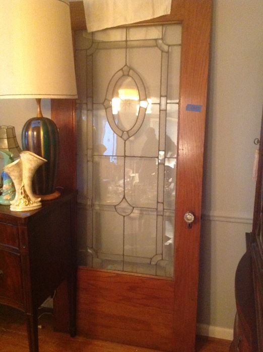 1920's Leaded Glass/Oak Door, MCM Table Lamp, Roseville Vase