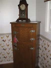old oak icebox,  parlor clock