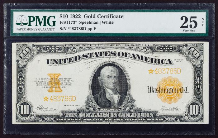 1922 10 Star Gold Certificate VF 25 Net PMG