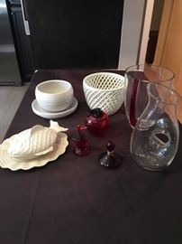 Beautiful Collection of Red Glass Decor and White Pottery