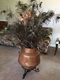 Copper Pot with Peacock Feathers